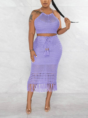 Crochet Halter Top Tassels Skirt Set