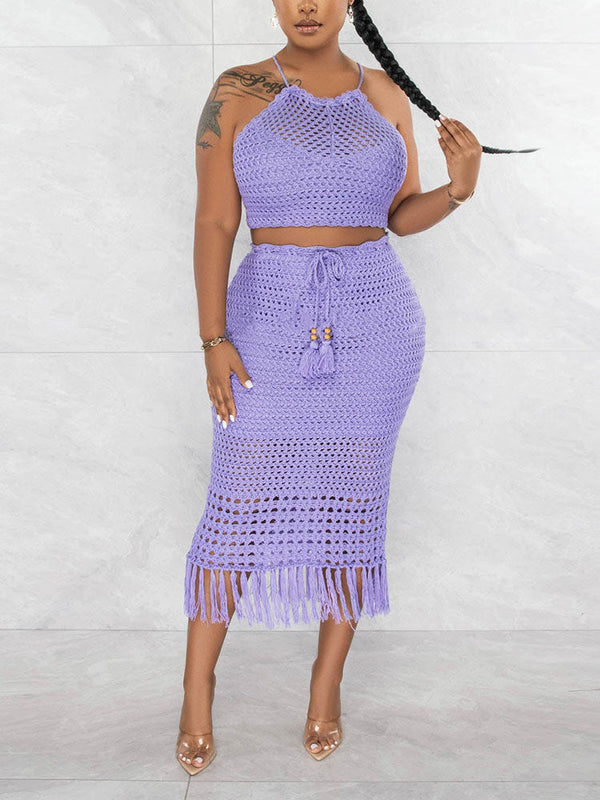 Crochet Halter Top Tassels Skirt Set