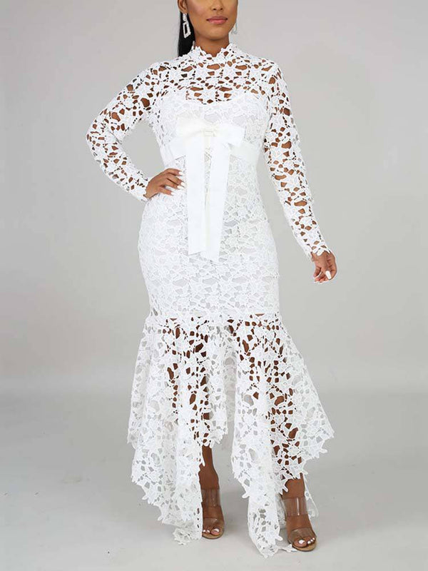 Lace O Neck Irregular Maxi Dresses