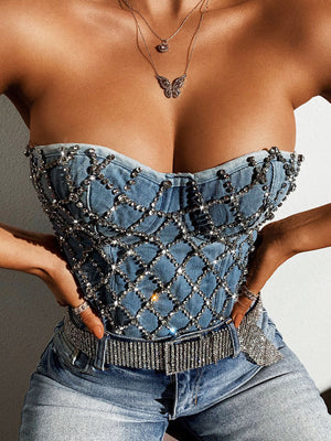 Rhinestone Denim Bustier Tops