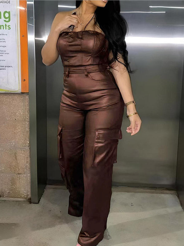 Leather Tube Cargo Jumpsuits