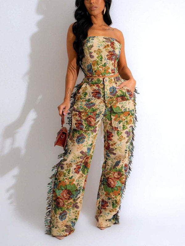 Vintage Tube Top Fringe Pants Set