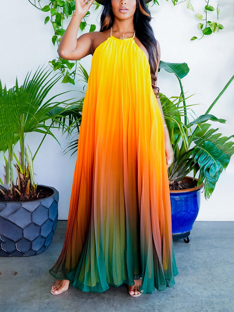 Ombre Pleated Backless Maxi Dresses