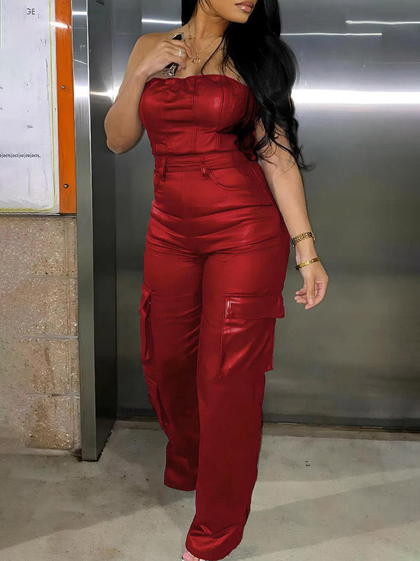 Leather Tube Cargo Jumpsuits