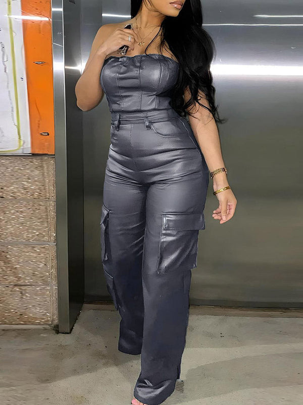 Leather Tube Cargo Jumpsuits