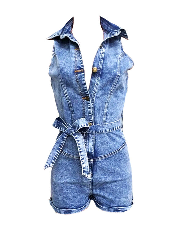 Denim Button Rompers With Belt