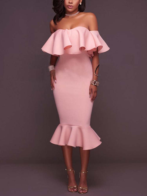 Off  Shoulder Ruffle Bodycon Midi Dresses
