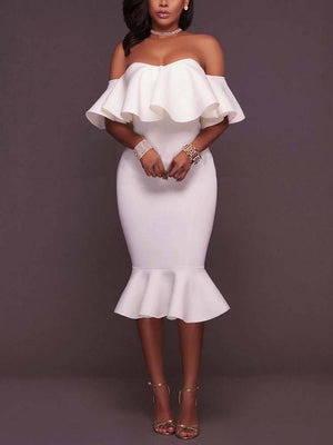 Off  Shoulder Ruffle Bodycon Midi Dresses