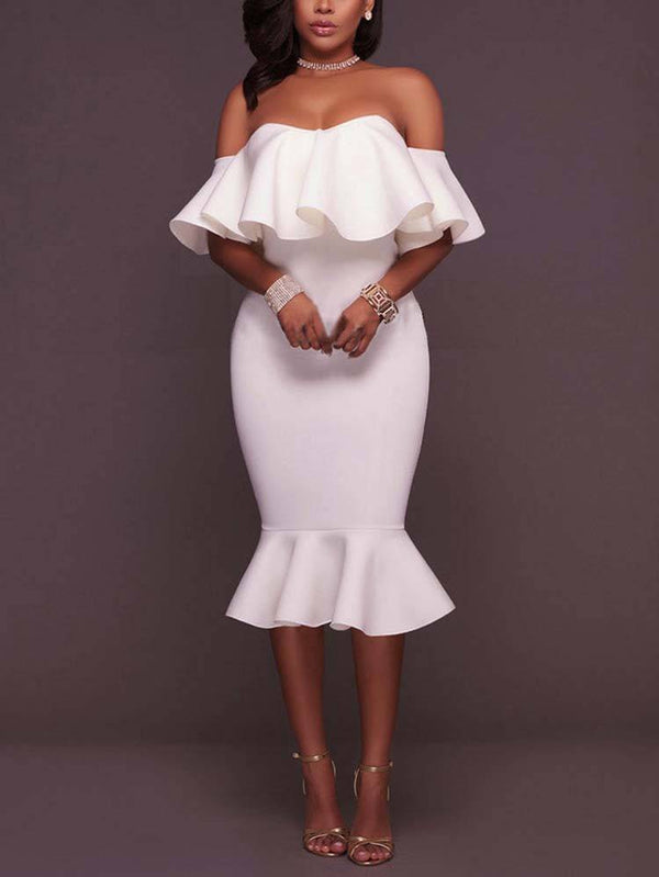 Off  Shoulder Ruffle Bodycon Midi Dresses
