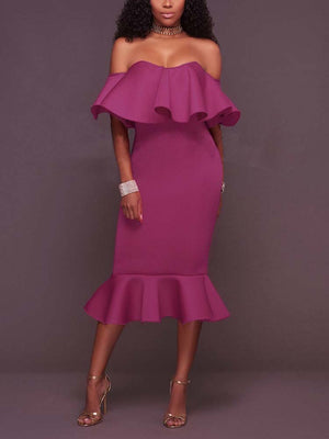 Off  Shoulder Ruffle Bodycon Midi Dresses