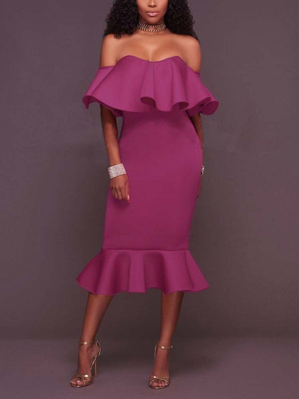 Off  Shoulder Ruffle Bodycon Midi Dresses