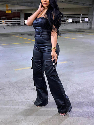 Leather Tube Cargo Jumpsuits