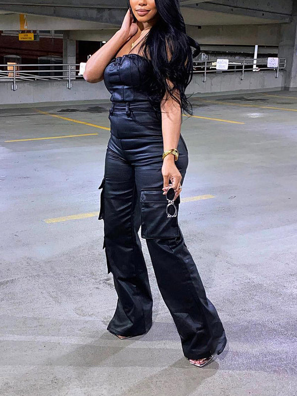 Leather Tube Cargo Jumpsuits