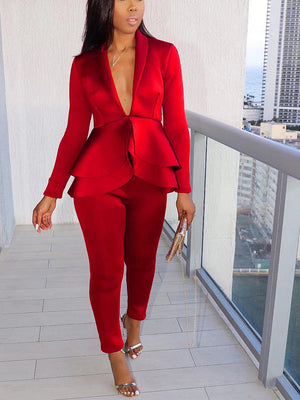 V-Neck Blazer Suit Pants Set