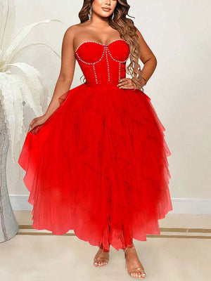 Rhinestone Tube Tulle Prom Midi Dresses