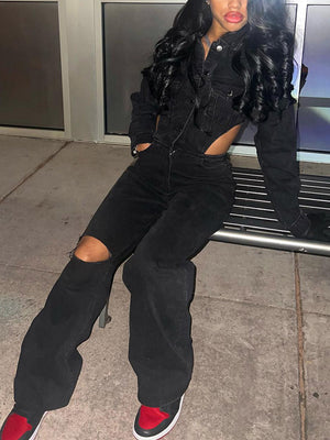 Cutout Waist Denim Jumpsuits