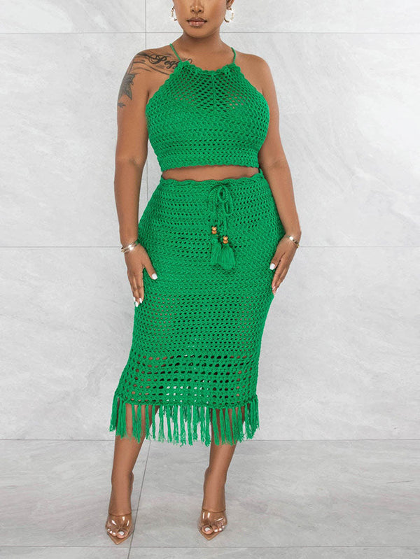 Crochet Halter Top Tassels Skirt Set