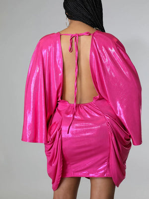 Glitter Batwing Sleeves Backless Mini Dresses