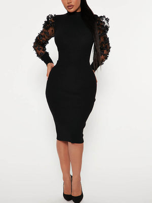 Mesh Puff Sleeve Ribbed Midi Dresses