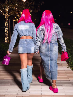 Cross Denim Jacket Skirt Set