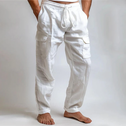 Men's Drawstring Elastic Waist Pocket Linen Pants