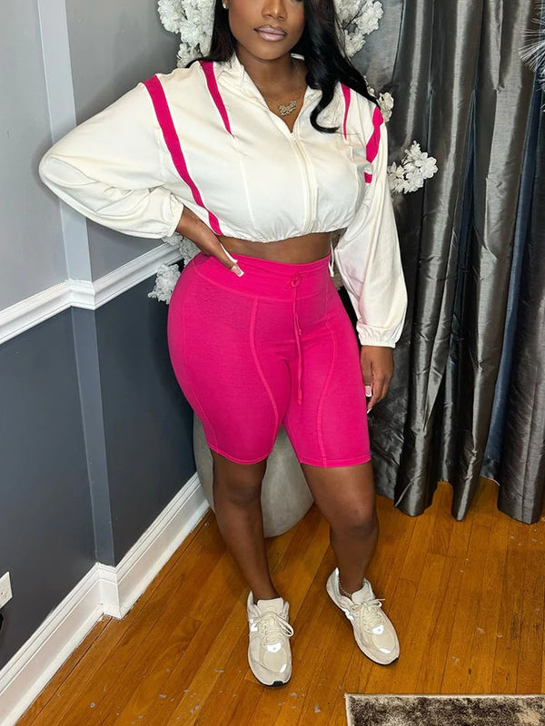 Contrast Crop Jacket Biker Shorts Set