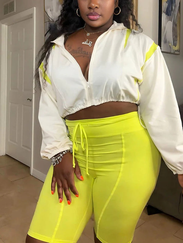Contrast Crop Jacket Biker Shorts Set