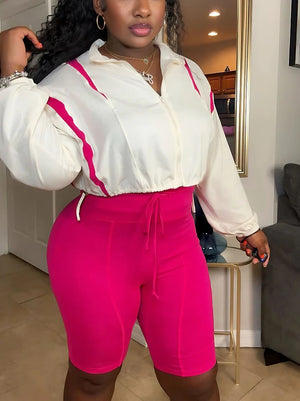 Contrast Crop Jacket Biker Shorts Set