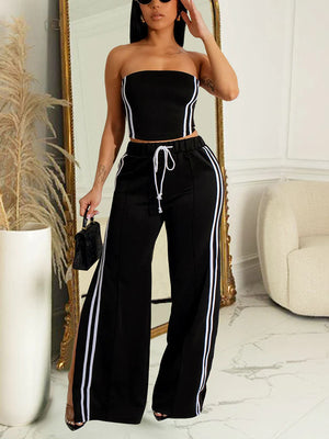 Striped Tube Top Wide Pants Set