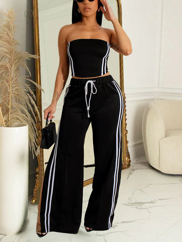 Striped Tube Top Wide Pants Set