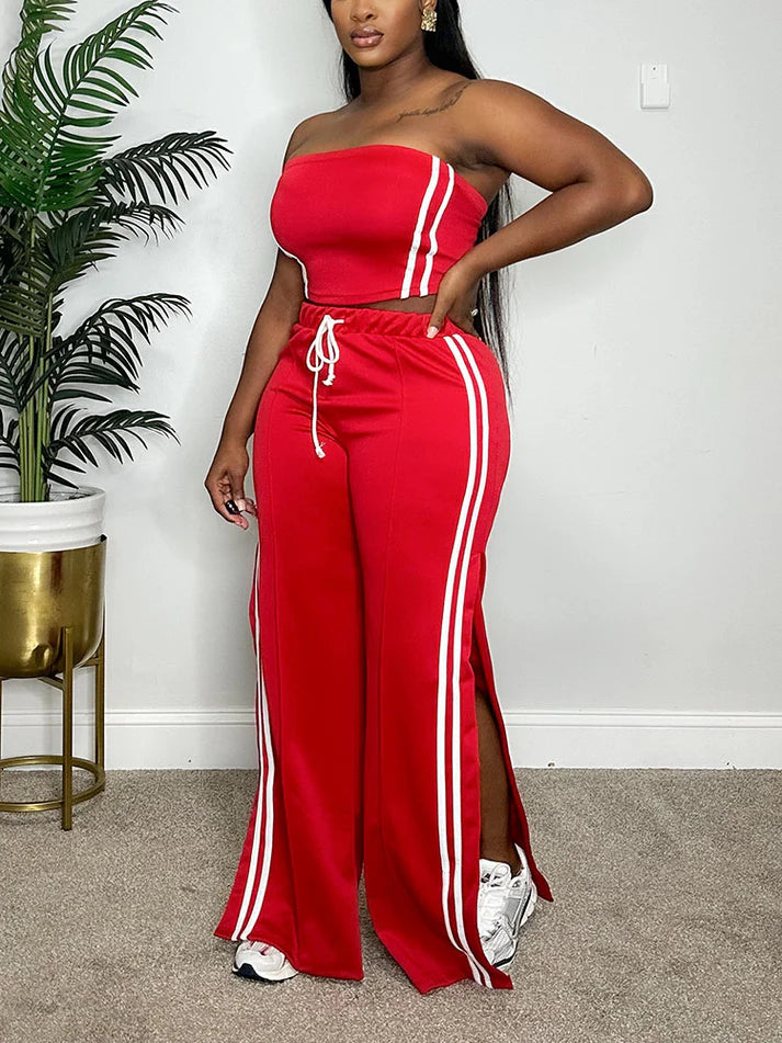 Striped Tube Top Wide Pants Set
