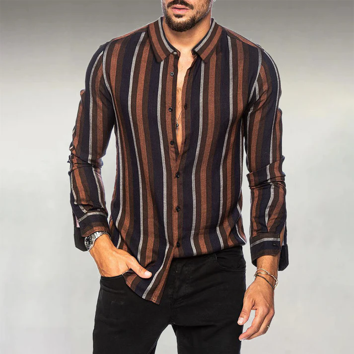 Men's Fashion Turndown Collar Buttons Striped Shirt