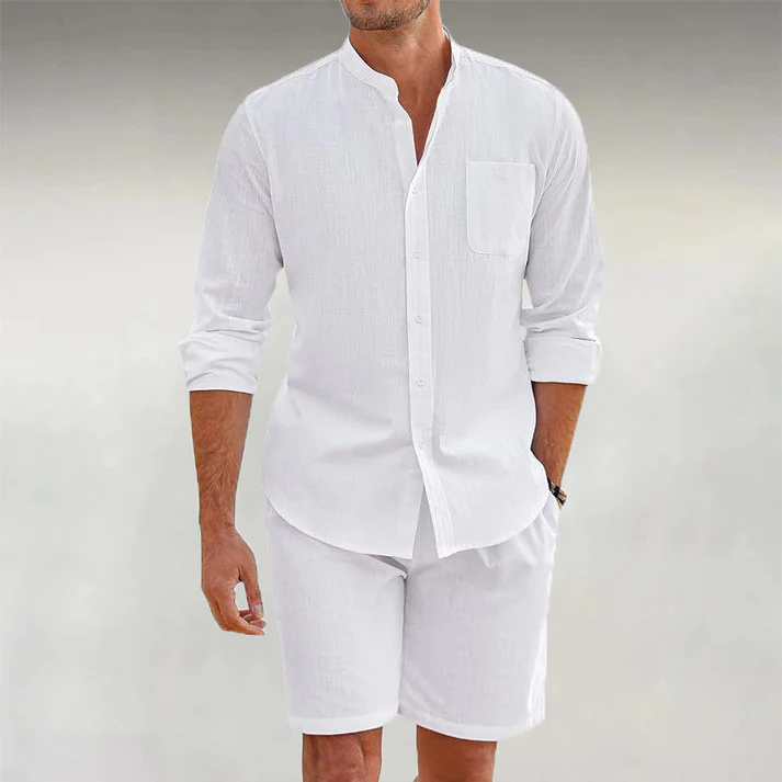 Men's Linen Stand Collar Casual Long Sleeve Shirt Shorts 2Pcs Set