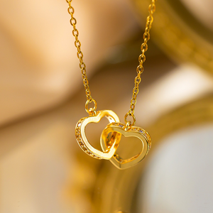 Gold-Plated Double-Ring Heart-Shaped Titanium Steel Necklace