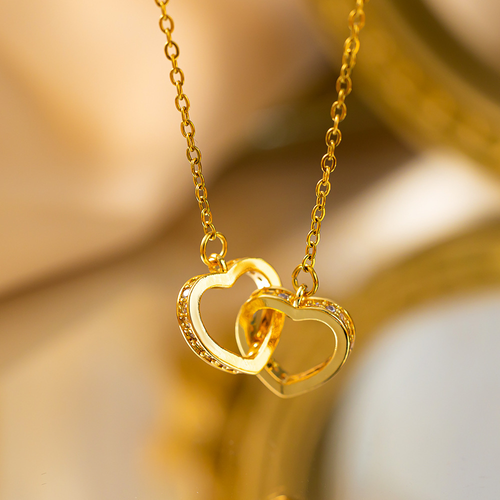 Gold-Plated Double-Ring Heart-Shaped Titanium Steel Necklace