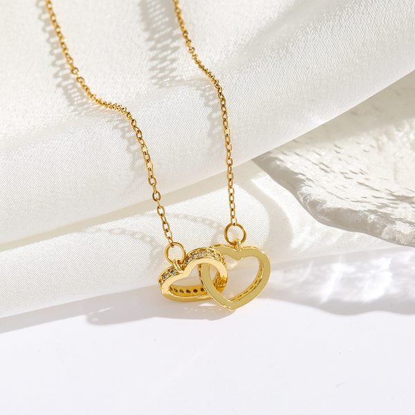 Gold-Plated Double-Ring Heart-Shaped Titanium Steel Necklace