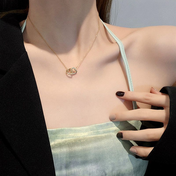 Gold-Plated Double-Ring Heart-Shaped Titanium Steel Necklace