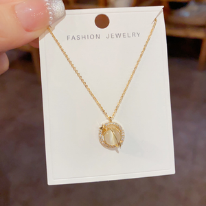 Diamond-Set Rotating Cat's Eye Round Ring Necklace