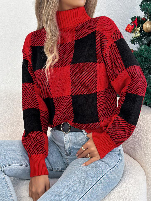 Christmas Plaid Lantern High-Neck Sweaters