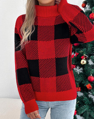 Christmas Plaid Lantern High-Neck Sweaters