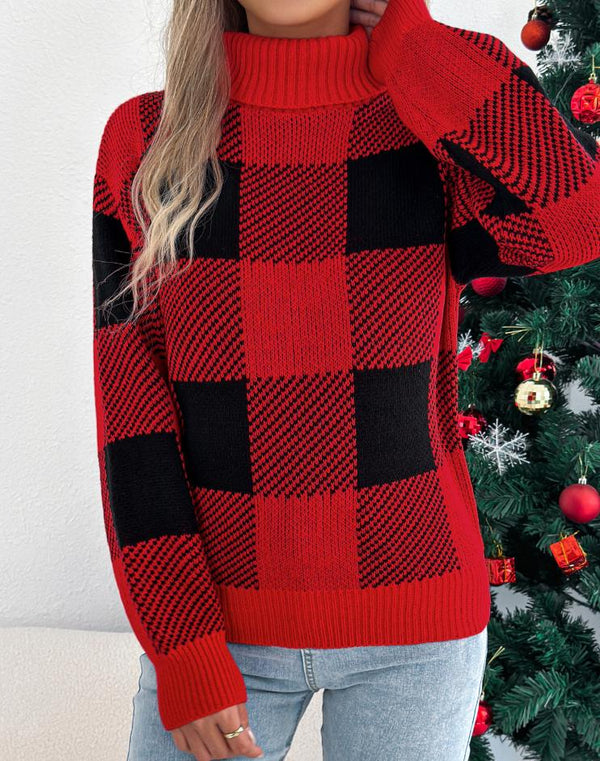 Christmas Plaid Lantern High-Neck Sweaters