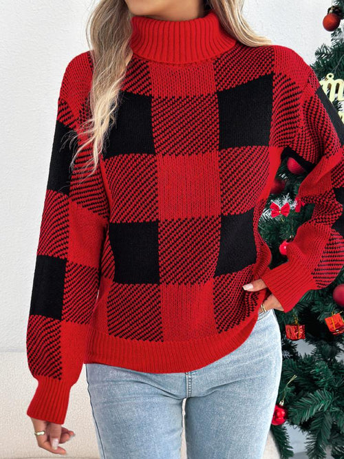 Christmas Plaid Lantern High-Neck Sweaters