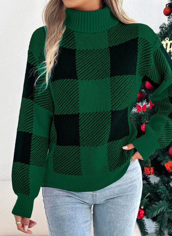Christmas Plaid Lantern High-Neck Sweaters