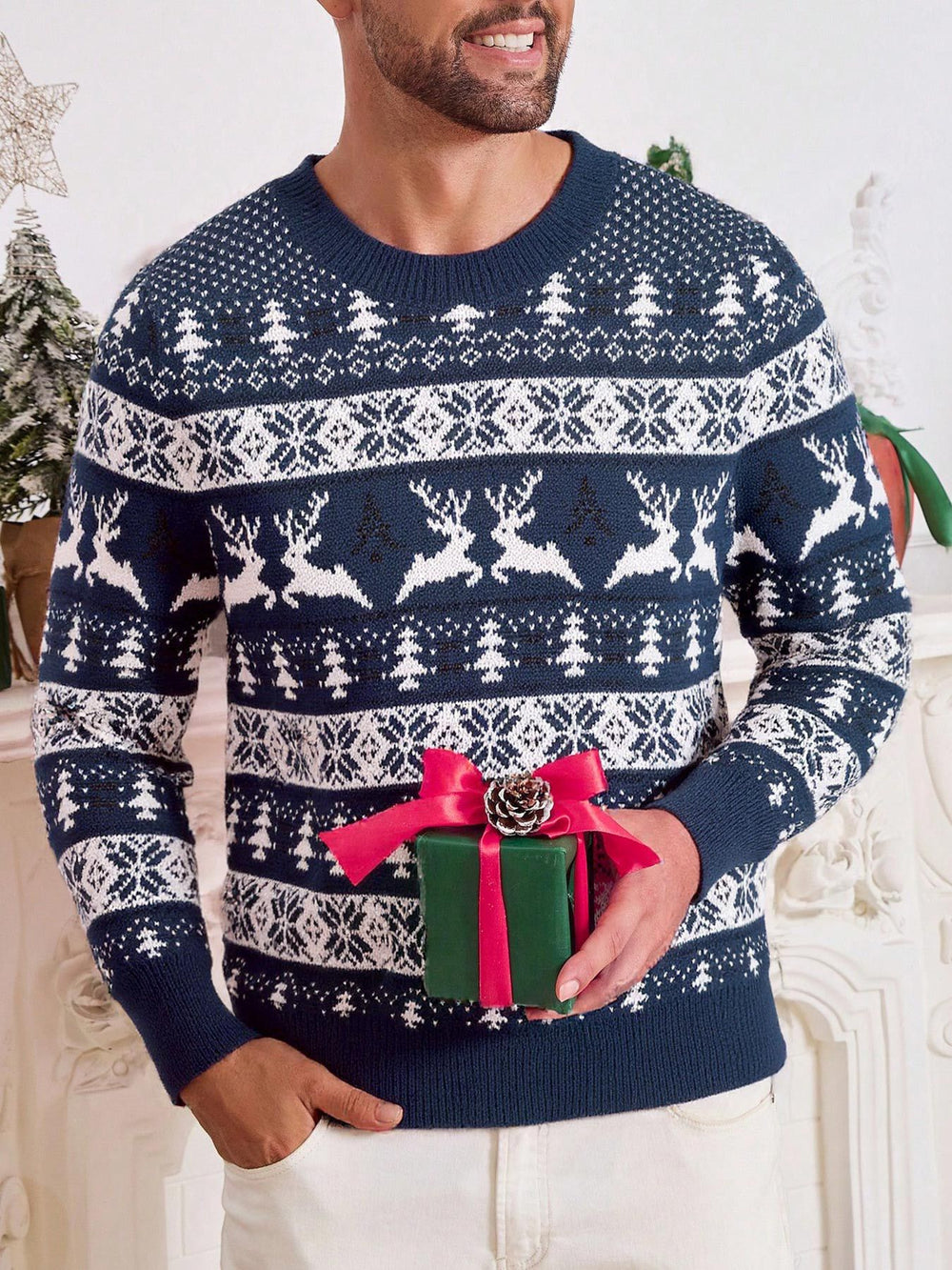 Christmas Sweater Crew Neck Jacquard Knit Sweaters