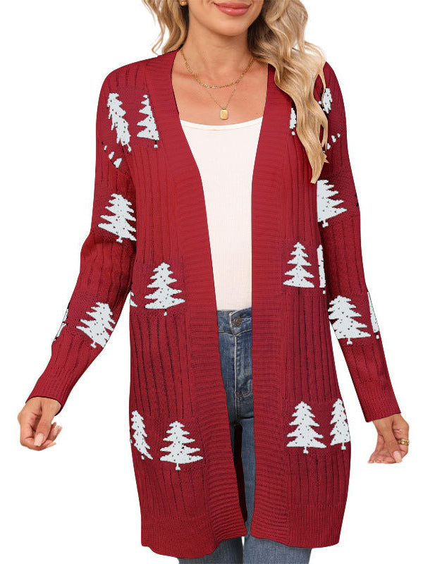 Loose-Fit Knit Christmas Cedar Embroidered Cardigans