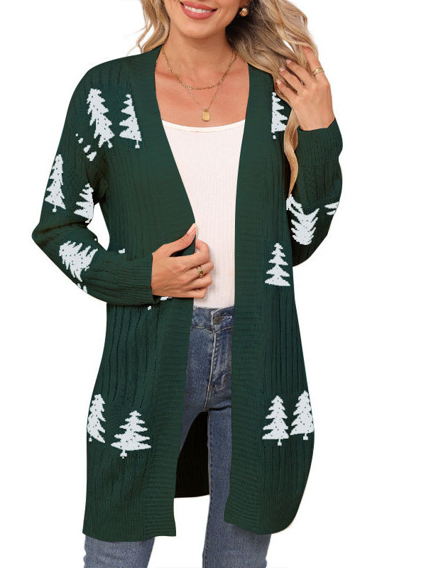 Loose-Fit Knit Christmas Cedar Embroidered Cardigans