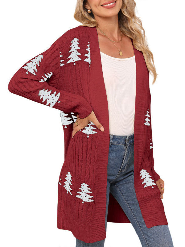 Loose-Fit Knit Christmas Cedar Embroidered Cardigans