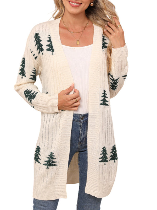 Loose-Fit Knit Christmas Cedar Embroidered Cardigans
