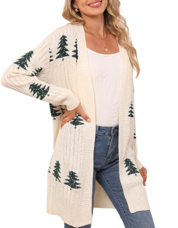 Loose-Fit Knit Christmas Cedar Embroidered Cardigans