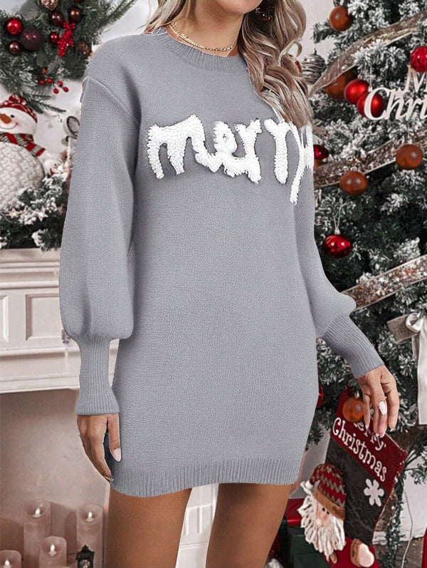 Knit Round Neck Lantern Sleeve Pullover Dresses